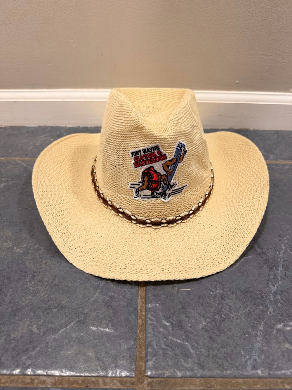 Cowboy Hat with Decorative Patch and Bead Trim - like new